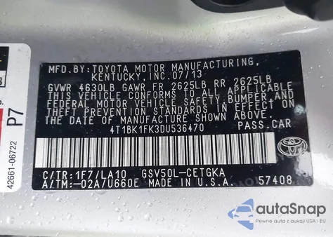 2013 Toyota Camry Xle V6 from USA, damaged, VIN 4T1BK1FK3DU536470